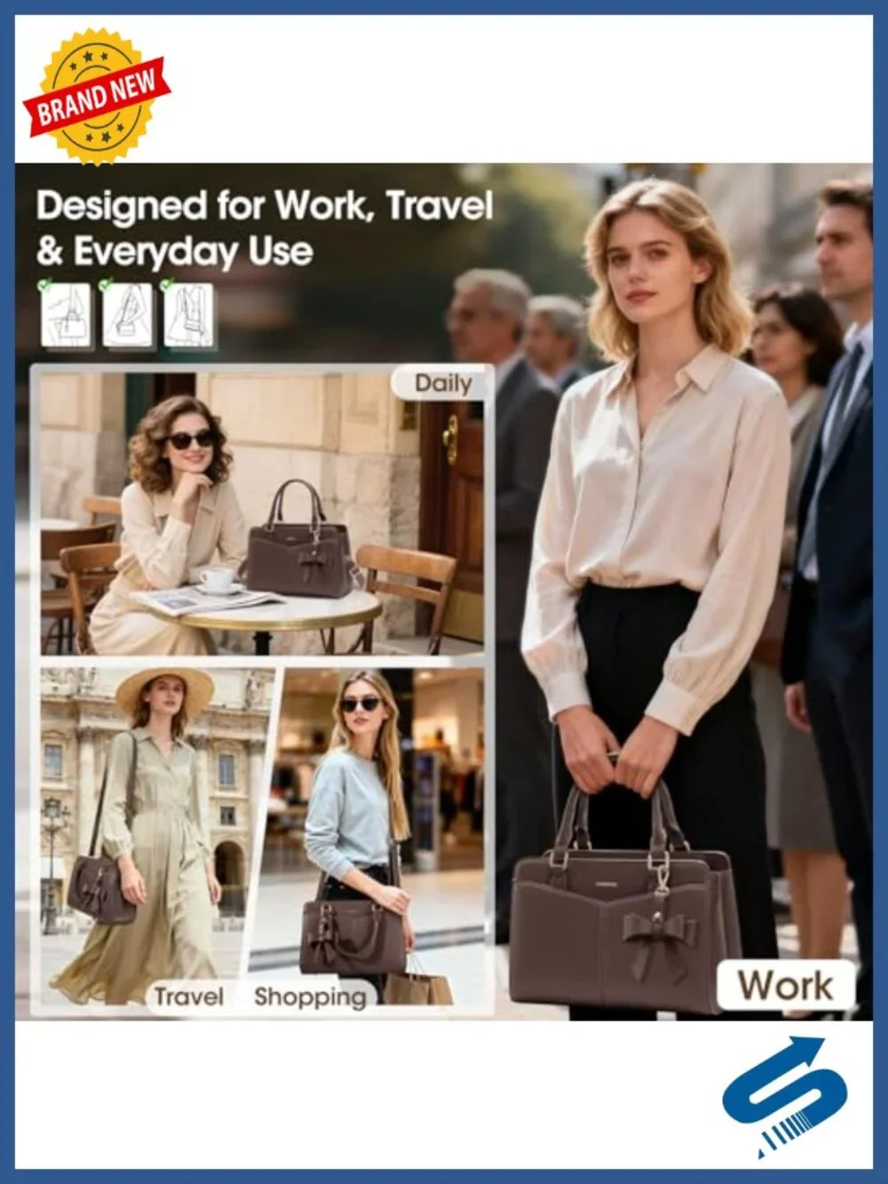 PU Leather Satchel Purse Structured Work Handbag with Bowknot and Shoulder